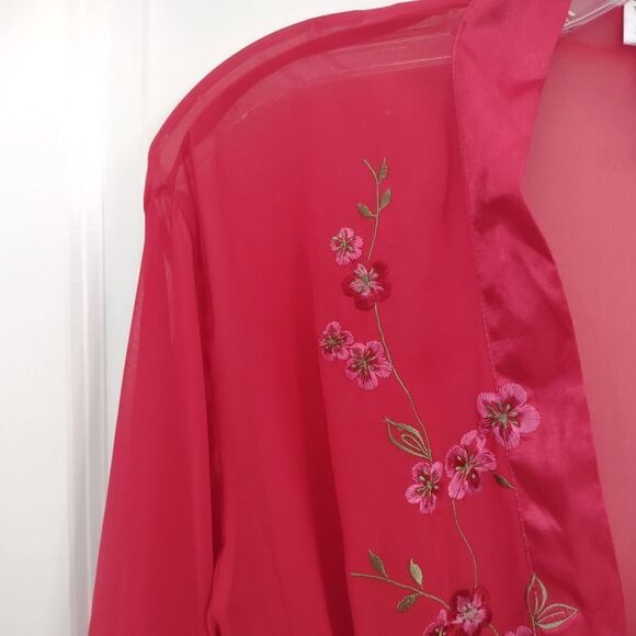 Val Mode Lingerie Red Robe Sheer Chiffon LS Knee Length Open Front Satin Belt Vi - Picture 8 of 10